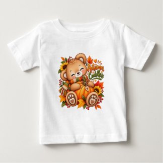秋の抱擁 テディベア かぼちゃ 秋の赤ちゃん キッズ ベビーTシャツ