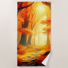 秋の抱擁：炎の森の道 ビーチタオル