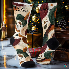 秋の抽象芸術ソックスさび・グリーン・クリーム ソックス