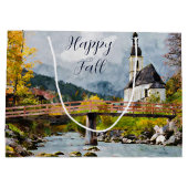 秋の教会と木のカスタマイズ可能な文字 ラージペーパーバッグ (裏面)