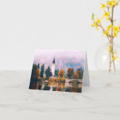 秋の教会と橋とカスタム文字 カード (黄色い花)