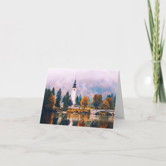 秋の教会と橋とカスタム文字 カード (正面)