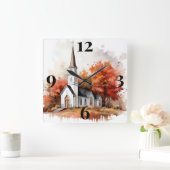 秋の教会 スクエア壁時計 (ホーム)