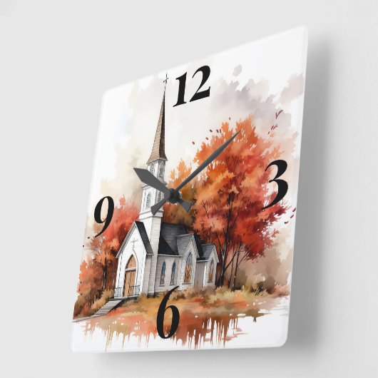 秋の教会 スクエア壁時計 (傾斜)