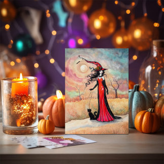 秋の散歩 ハロウィン魔女と黒猫アート ポストカード