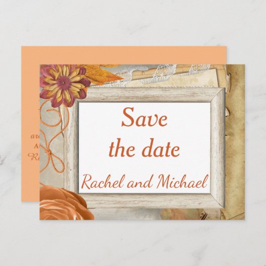 秋の日付を保結婚存 案内ポストカード (正面/裏面)