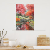 秋の日本のモダン庭の水彩 ポスター (キッチン)