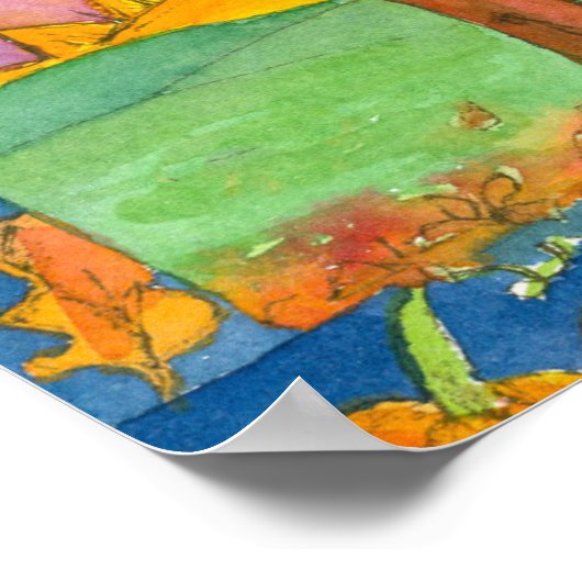 秋の日没の木の水彩風景絵画ズ ポスター (角)