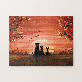 秋の日没ドッグアンドキャット秋 ジグソーパズル