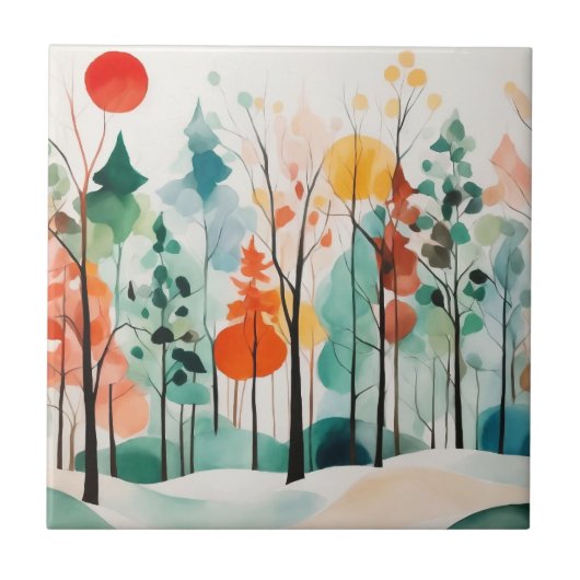 秋の日高、抽象芸術水彩林 タイル (正面)
