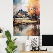 秋の景観水の色のイラストレーションプリント ポスター (ホームオフィス)