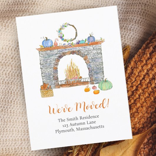 秋の暖炉、かぼちゃ、かぼちゃのスパイスムービング 案内ポストカード