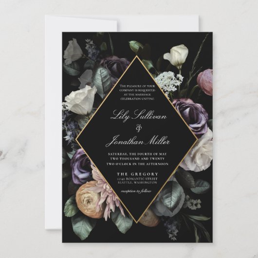 秋の暗いムーディーズフローラフレームパープル結婚ズ 招待状 (正面)