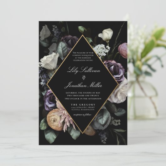 秋の暗いムーディーズフローラフレームパープル結婚ズ 招待状 (スタンド正面)