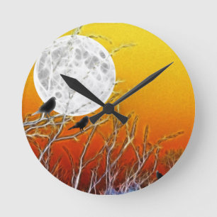 秋の月ゴシックオレンジの夕日 ラウンド壁時計