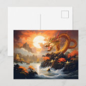 秋の月昇り - 金の中国のエアブラシドラゴン ポストカード (正面/裏面)