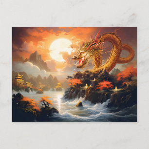 秋の月昇り - 金の中国のエアブラシドラゴン ポストカード