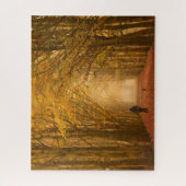 秋の朝の彼女の犬との女性の歩く ジグソーパズル (縦)