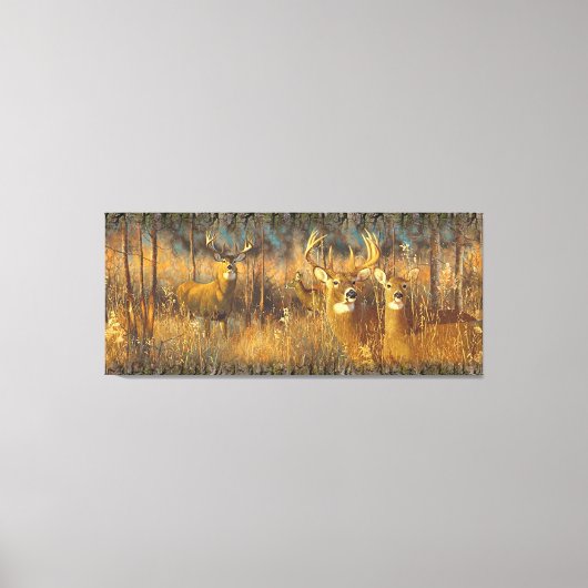 秋の朝日に鹿の家族 キャンバスプリント (正面)