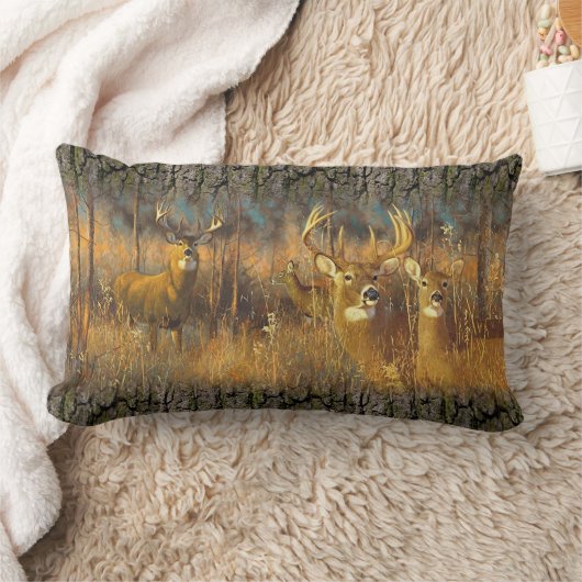 秋の朝日に鹿の家族 ランバークッション (ブランケット)