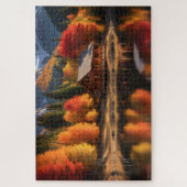 秋の木々が咲く湖とキャビン ジグソーパズル (縦)