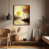 秋の木々が静かな湖に沈む黄金の夕日 ポスター