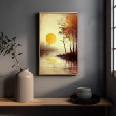 秋の木々が静かな湖に沈む黄金の夕日 ポスター