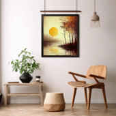 秋の木々が静かな湖に沈む黄金の夕日 ポスター