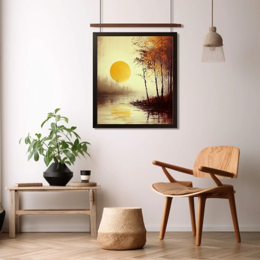 秋の木々が静かな湖に沈む黄金の夕日 ポスター