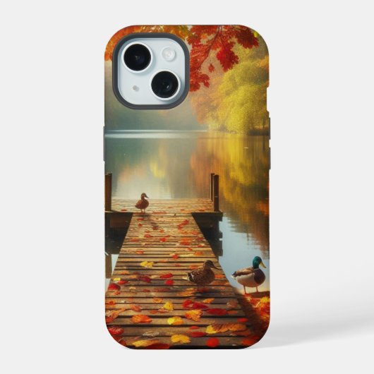 秋の木々とアヒルのいる湖 iPhone 15ケース (裏面)