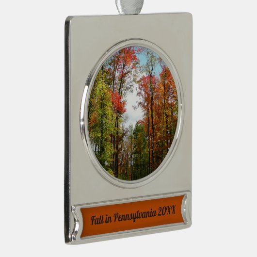 秋の木々とブルースカイ秋の自然写真 シルバープレートバナーオーナメント (右)