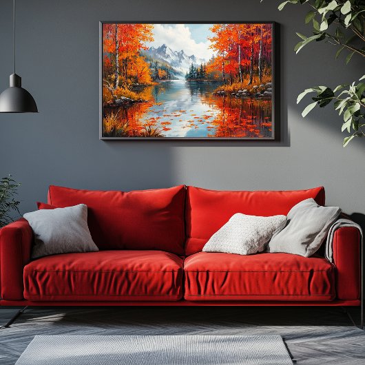 秋の木々に囲まれた穏やかな湖 キャンバスプリント