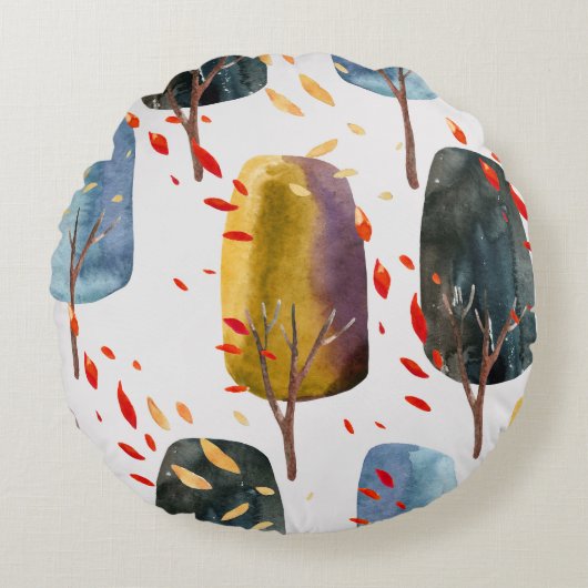 秋の木々:手の色彩の鮮やか水色シームレス ラウンドクッション (正面)