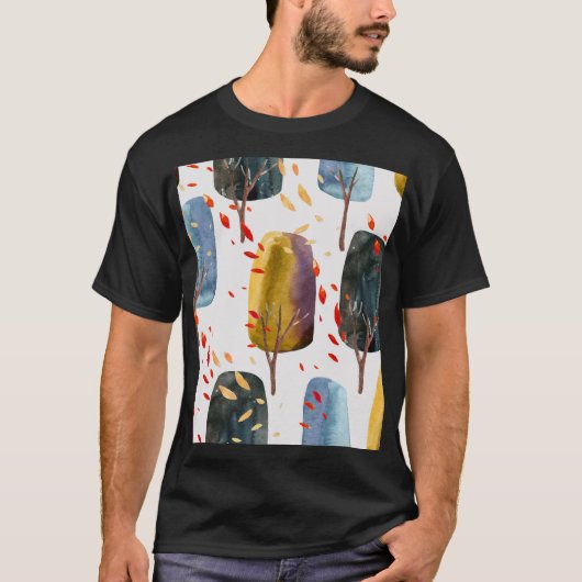 秋の木々:手の色彩の鮮やか水色シームレス Tシャツ (正面)