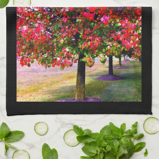 秋の木がピンク色の赤離れい木々を印象派 キッチンタオル (折り畳み)