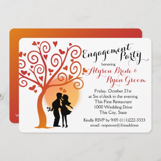 秋の木と婚約カップルのシルエット 招待状 (正面/裏面)