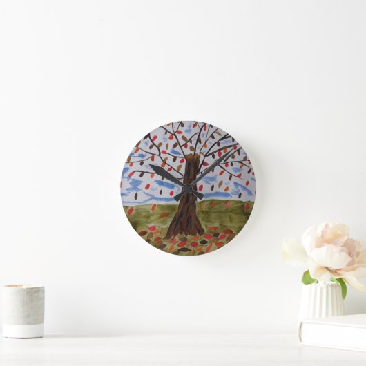 秋の木の丸い時計 ラウンド壁時計 (ホーム)