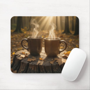 秋の木の切り株に蒸すコーヒーマグ マウスパッド