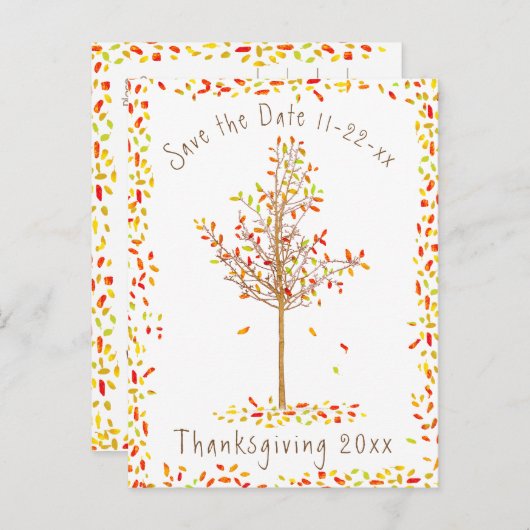 秋の木の感謝祭の日付を保存 インビテーションポストカード (正面/裏面)