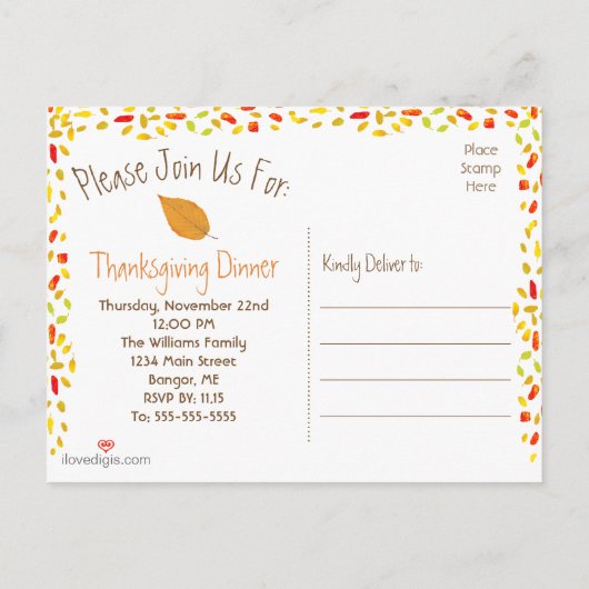 秋の木の感謝祭の日付を保存 インビテーションポストカード (裏面)