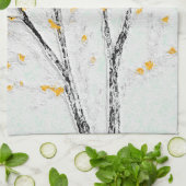 秋の木の枝と黄色の紅葉 キッチンタオル (折り畳み)