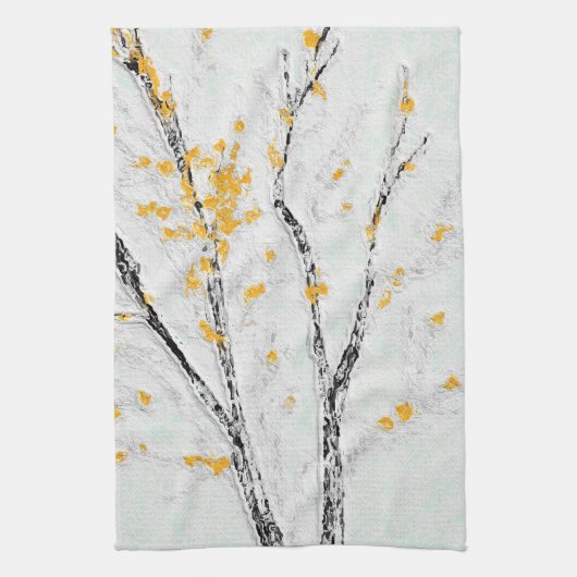 秋の木の枝と黄色の紅葉 キッチンタオル (縦)