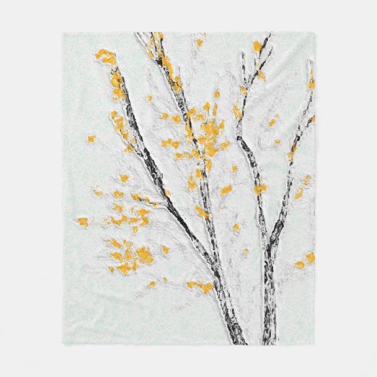 秋の木の枝と黄色の紅葉 フリースブランケット (正面)