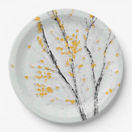 秋の木の枝と黄色の紅葉 ペーパープレート