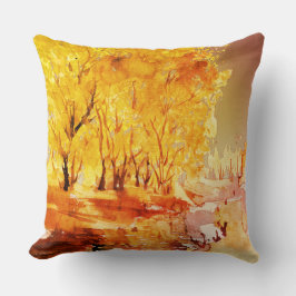 秋の木の水の色絵画の赤オレンジ葉色 クッション