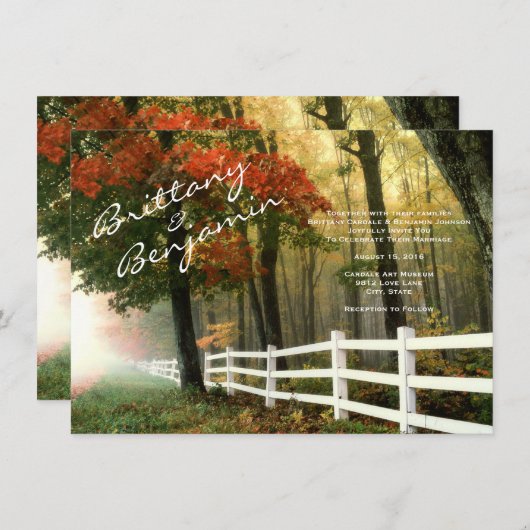 秋の木の紅葉の塀の結婚式招待状 招待状 (正面/裏面)