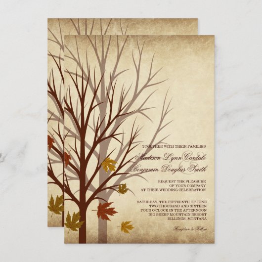 秋の木は秋の結婚式招待状のシルエットを描きます 招待状 (正面/裏面)