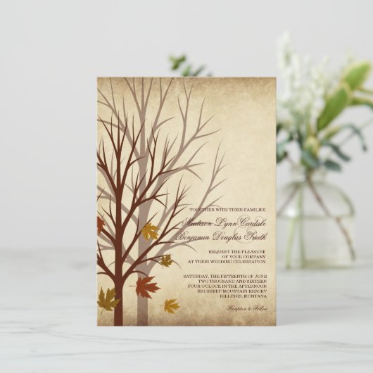 秋の木は秋の結婚式招待状のシルエットを描きます 招待状 (スタンド正面)