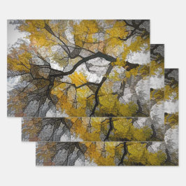 秋の木イエローグレー葉の空 ラッピングペーパーシート
