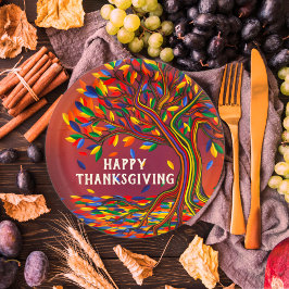 秋の木パーソナライズされた幸せ感謝祭パーティー ペーパープレート